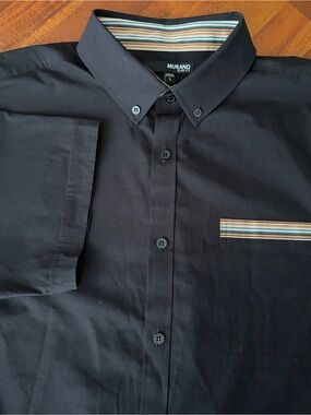 Murano Black Short Sleeve Cotton Stretch Button Up Slim Fit Shirt Striped Pocket